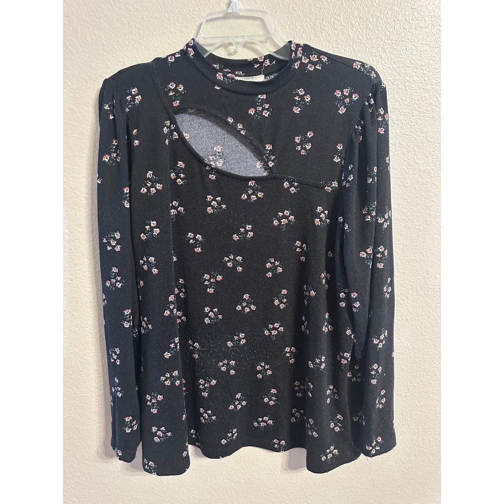 Como Blu Floral Print Long Sleeve Top Cut Out Black Blouse 1X